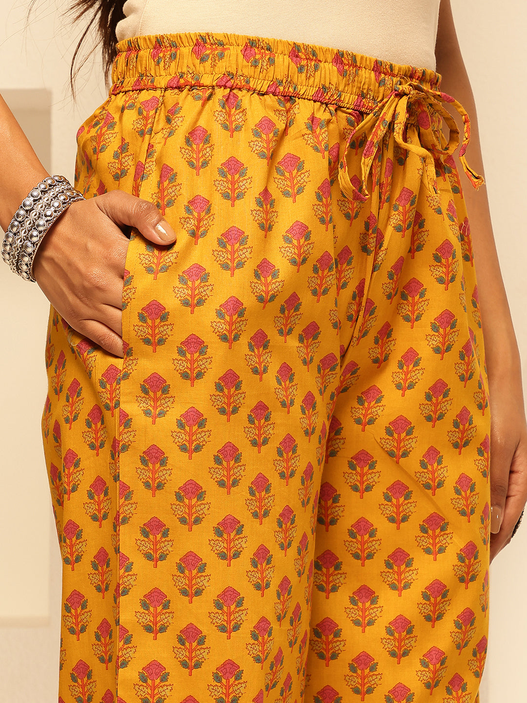 Mustard Cotton Floral Print A-Line Kurta Set