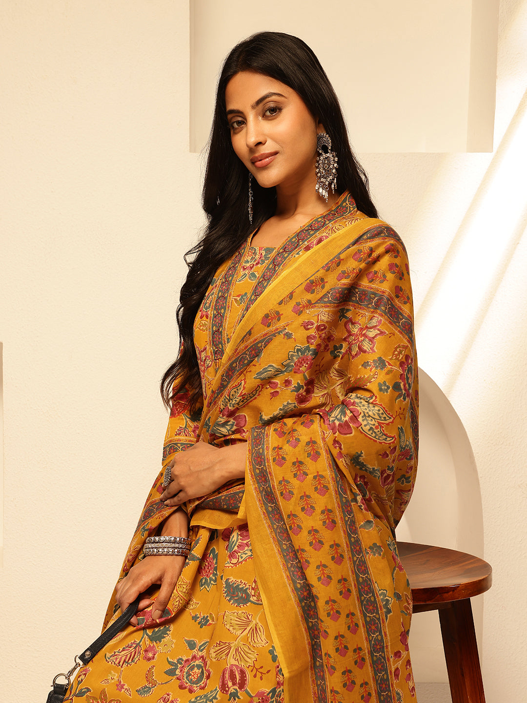 Mustard Cotton Floral Print A-Line Kurta Set