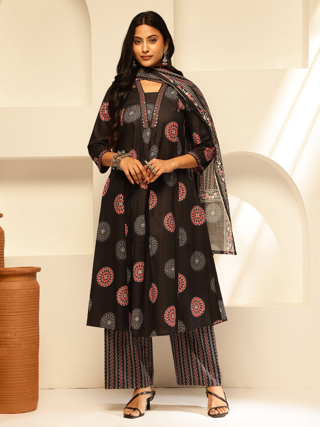 Black Cotton Geometric Print A-Line Kurta Set