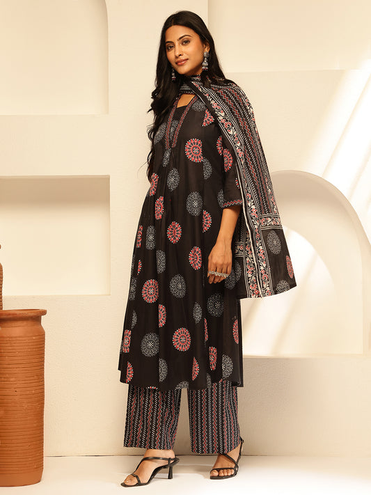 Black Cotton Geometric Print A-Line Kurta Set
