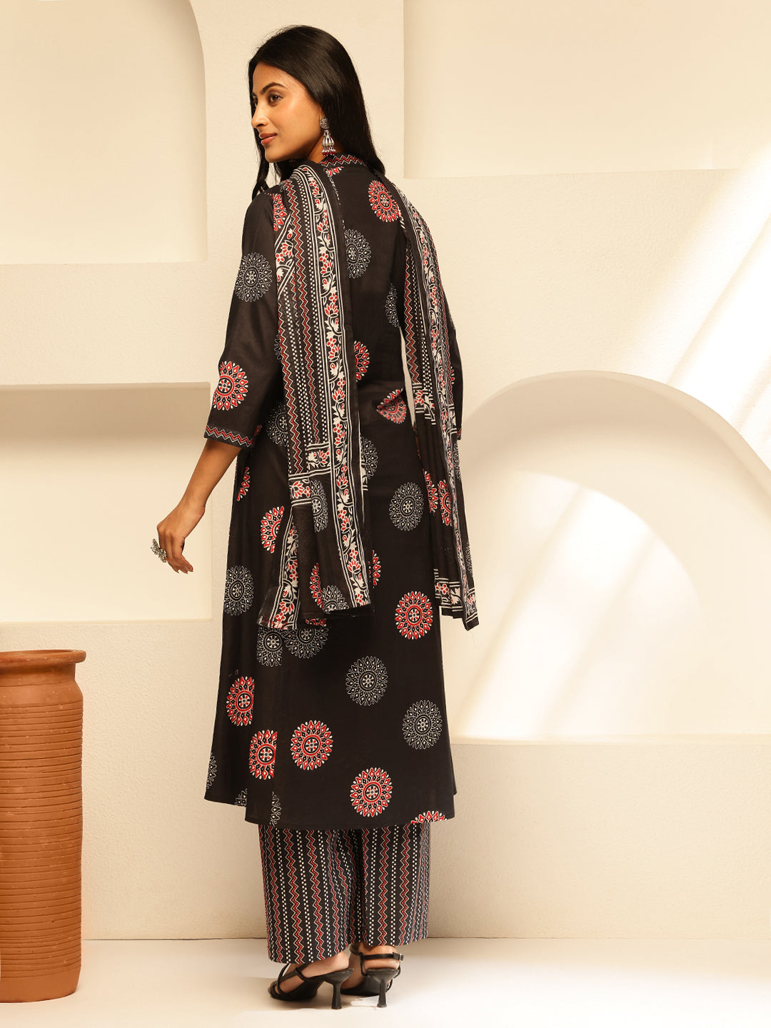 Black Cotton Geometric Print A-Line Kurta Set