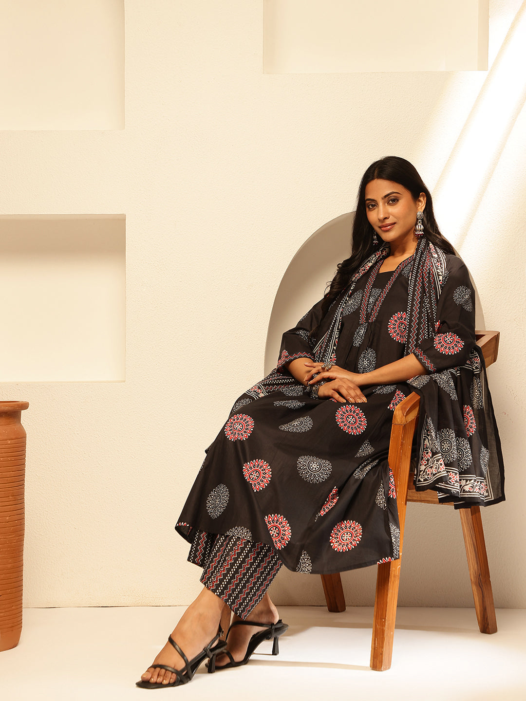 Black Cotton Geometric Print A-Line Kurta Set