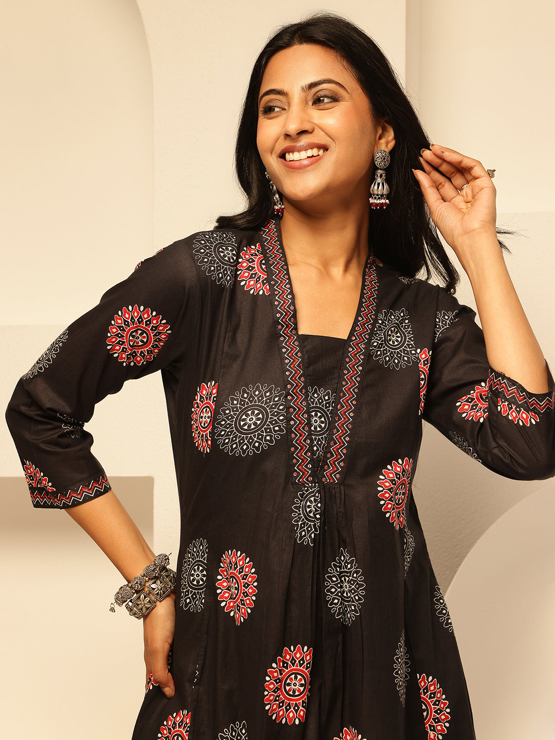 Black Cotton Geometric Print A-Line Kurta Set