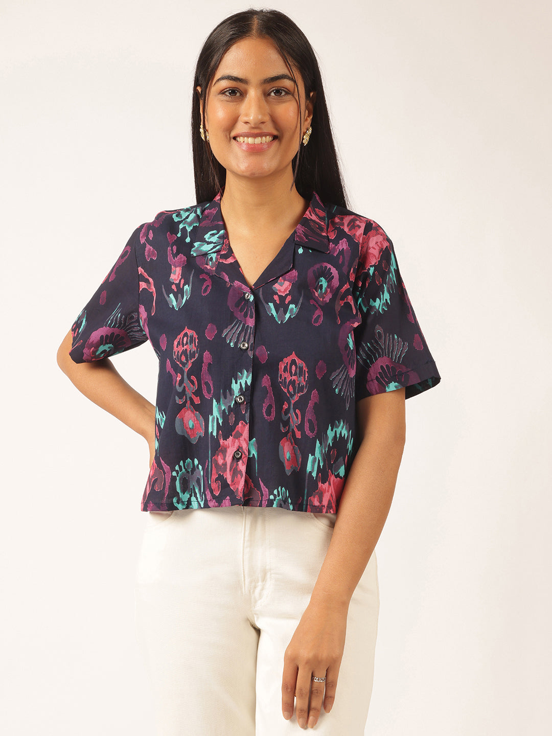 Navy Blue Abstract Print Shirt Style Cotton Top