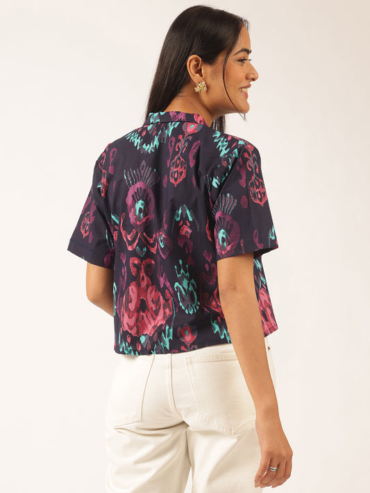Navy Blue Abstract Print Shirt Style Cotton Top