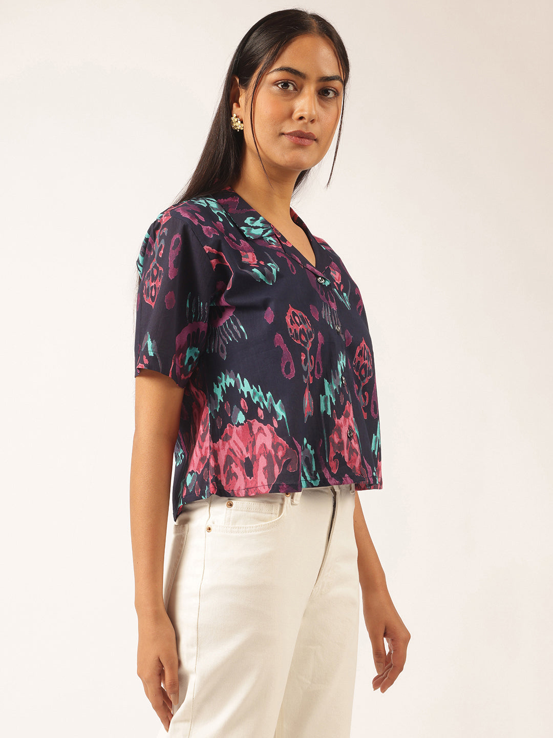 Navy Blue Abstract Print Shirt Style Cotton Top