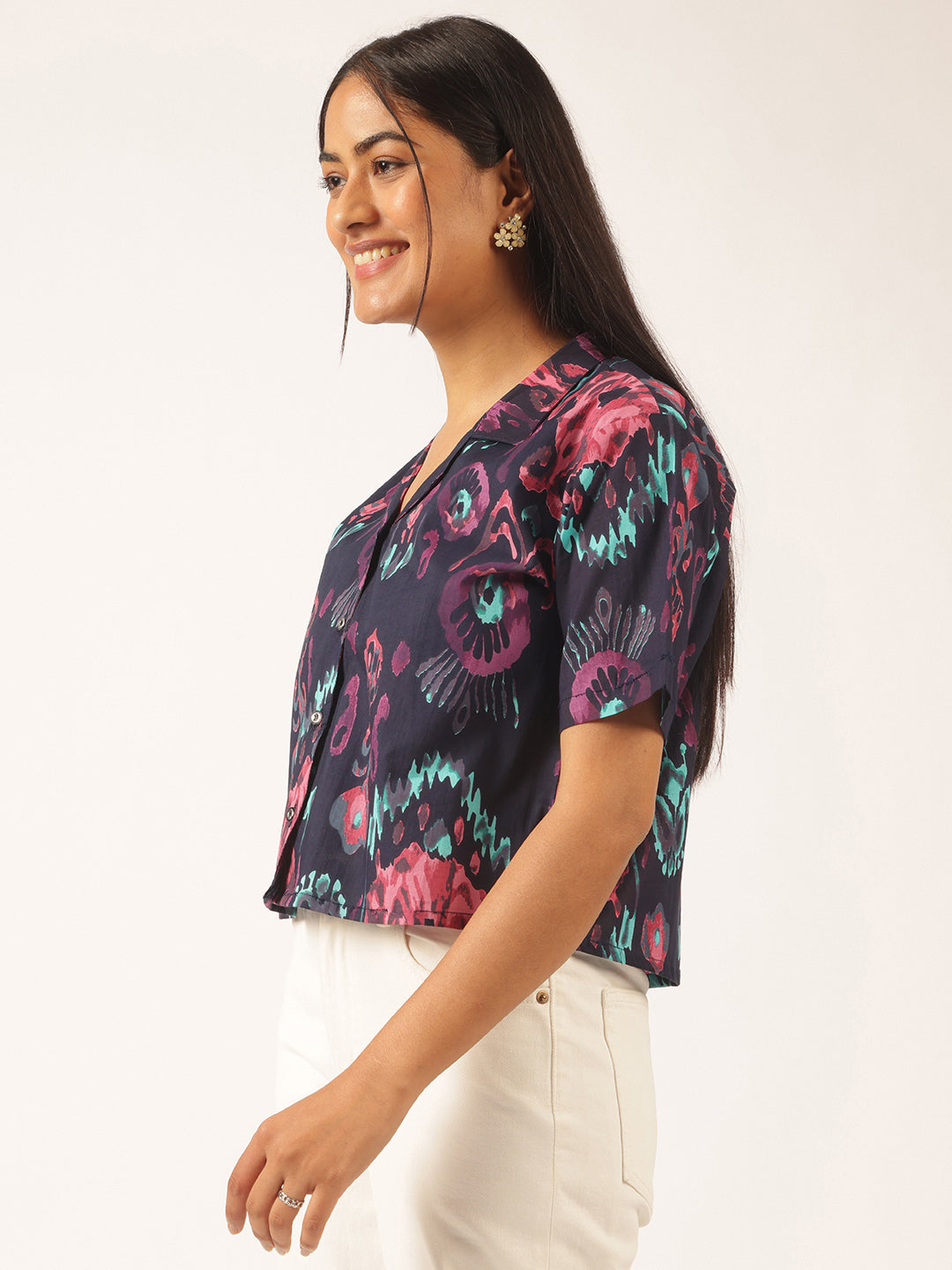 Navy Blue Abstract Print Shirt Style Cotton Top