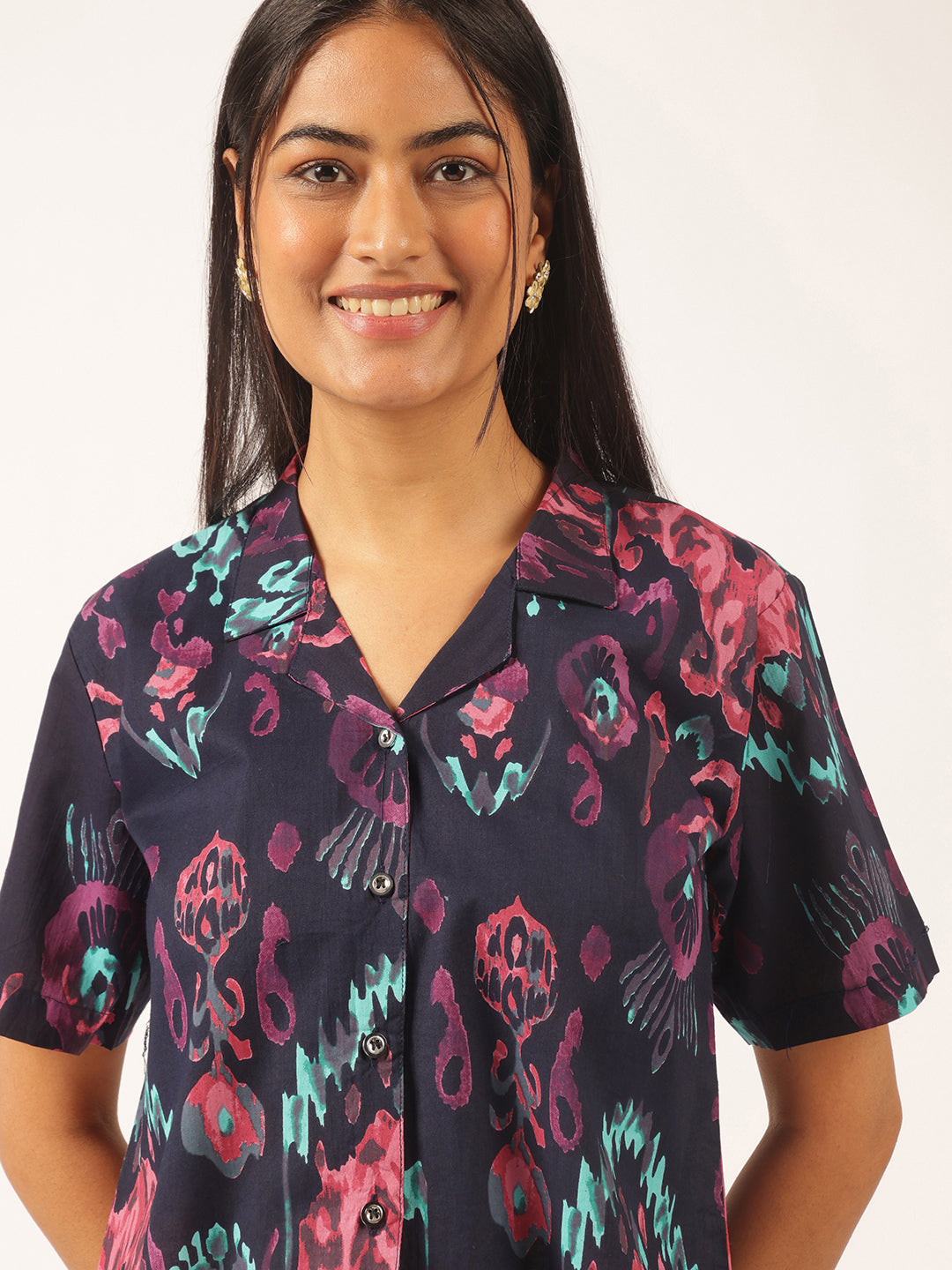 Navy Blue Abstract Print Shirt Style Cotton Top