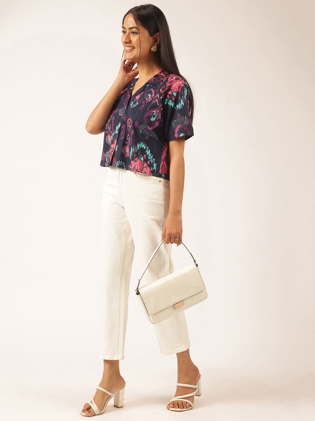 Navy Blue Abstract Print Shirt Style Cotton Top