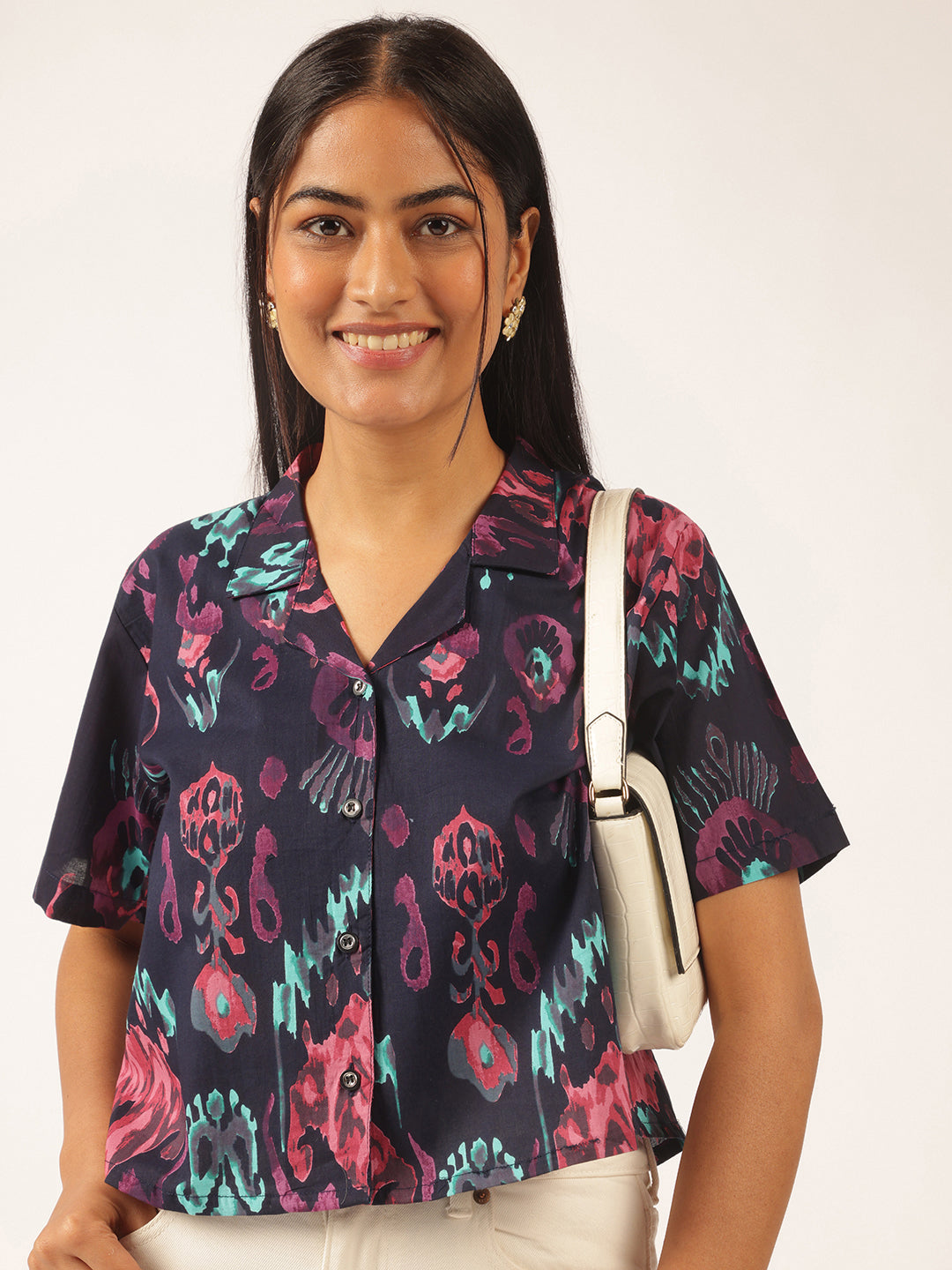 Navy Blue Abstract Print Shirt Style Cotton Top