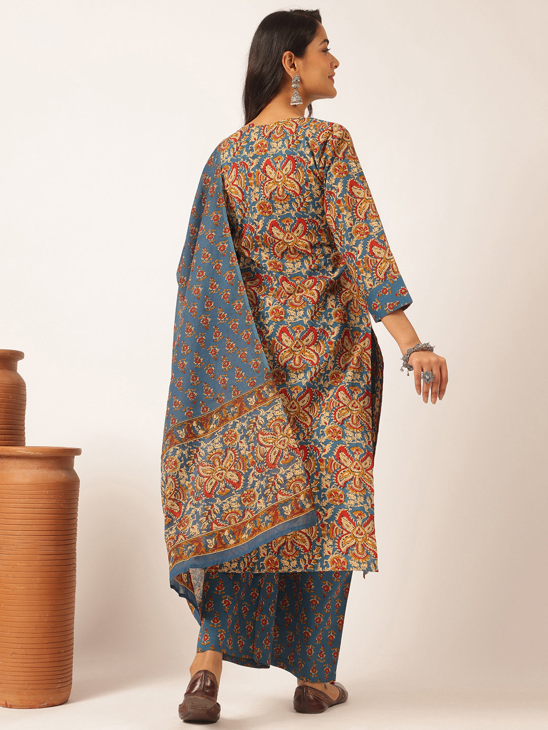 Royal blue Cotton Floral Print Straight Kurta Set