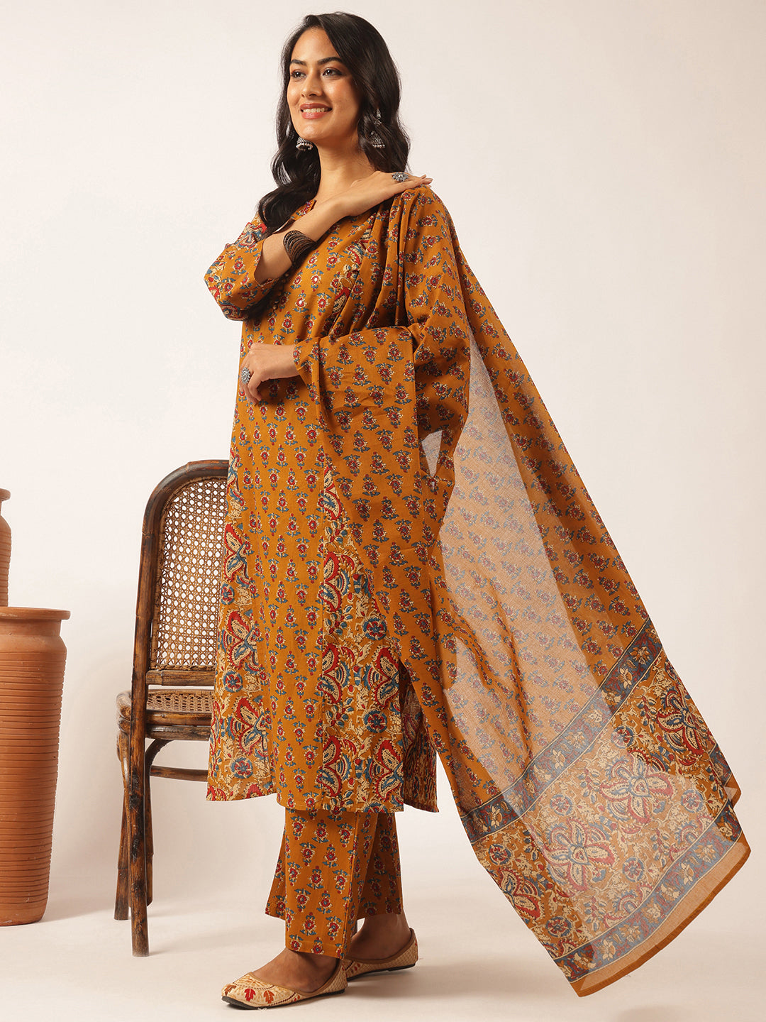 Mustard Cotton Floral Print Straight Kurta Set