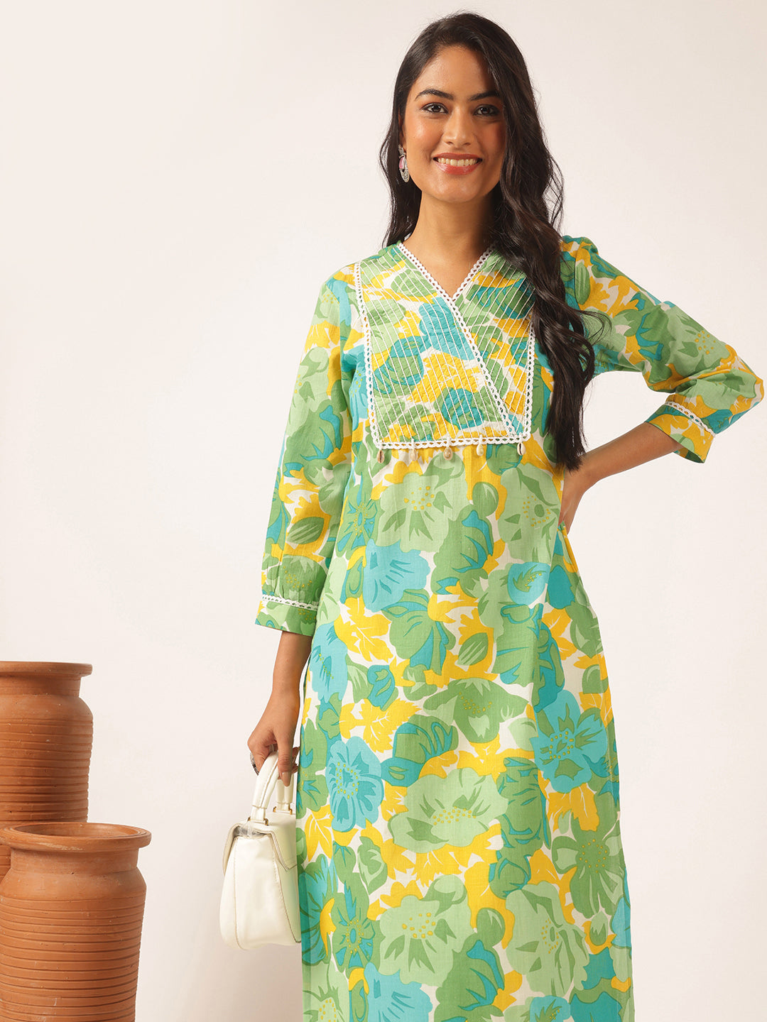 Light Green Floral Printed Straight Cotton Kurta