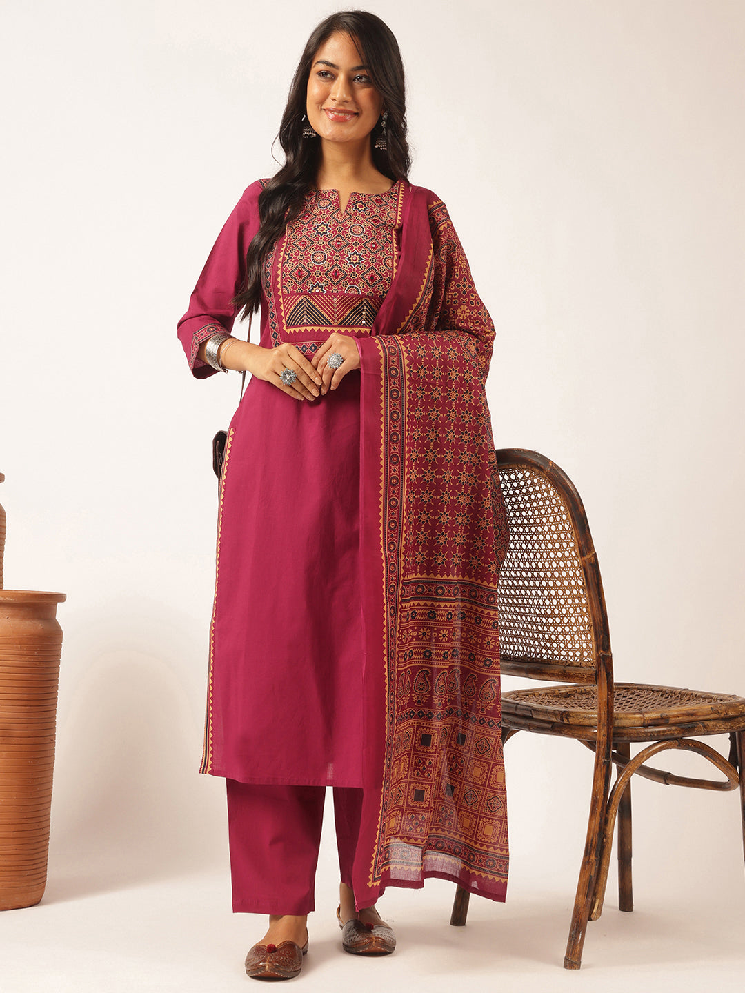 Magenta Cotton Solid Straight Kurta Set
