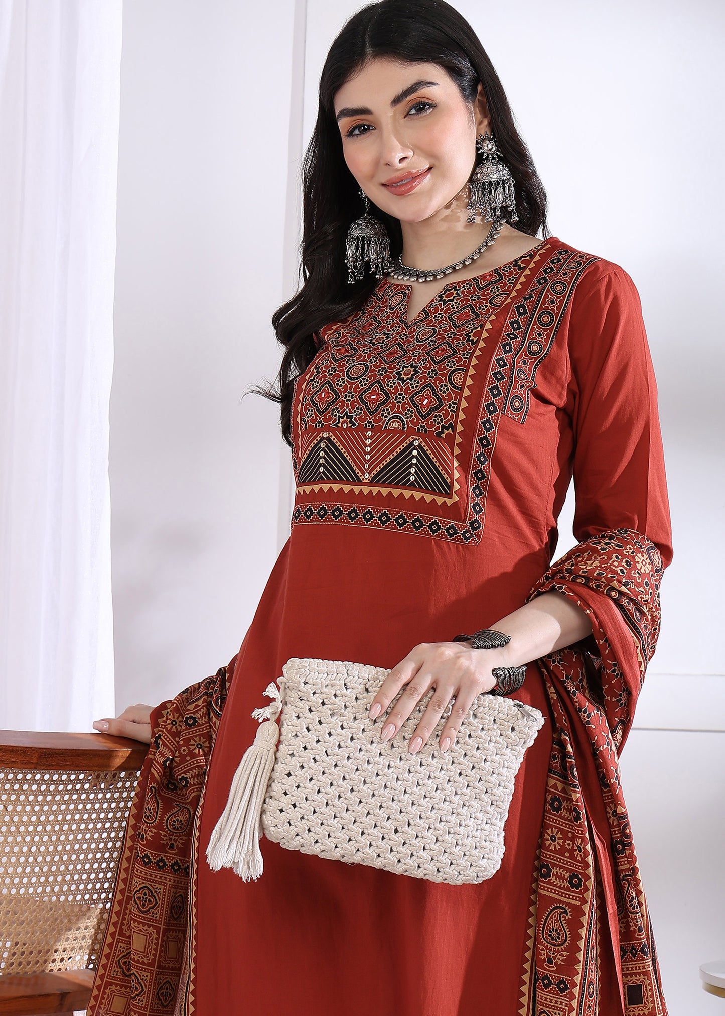 Red Solid (Printed Dupatta) Straight Cotton Stitched Kurta Set