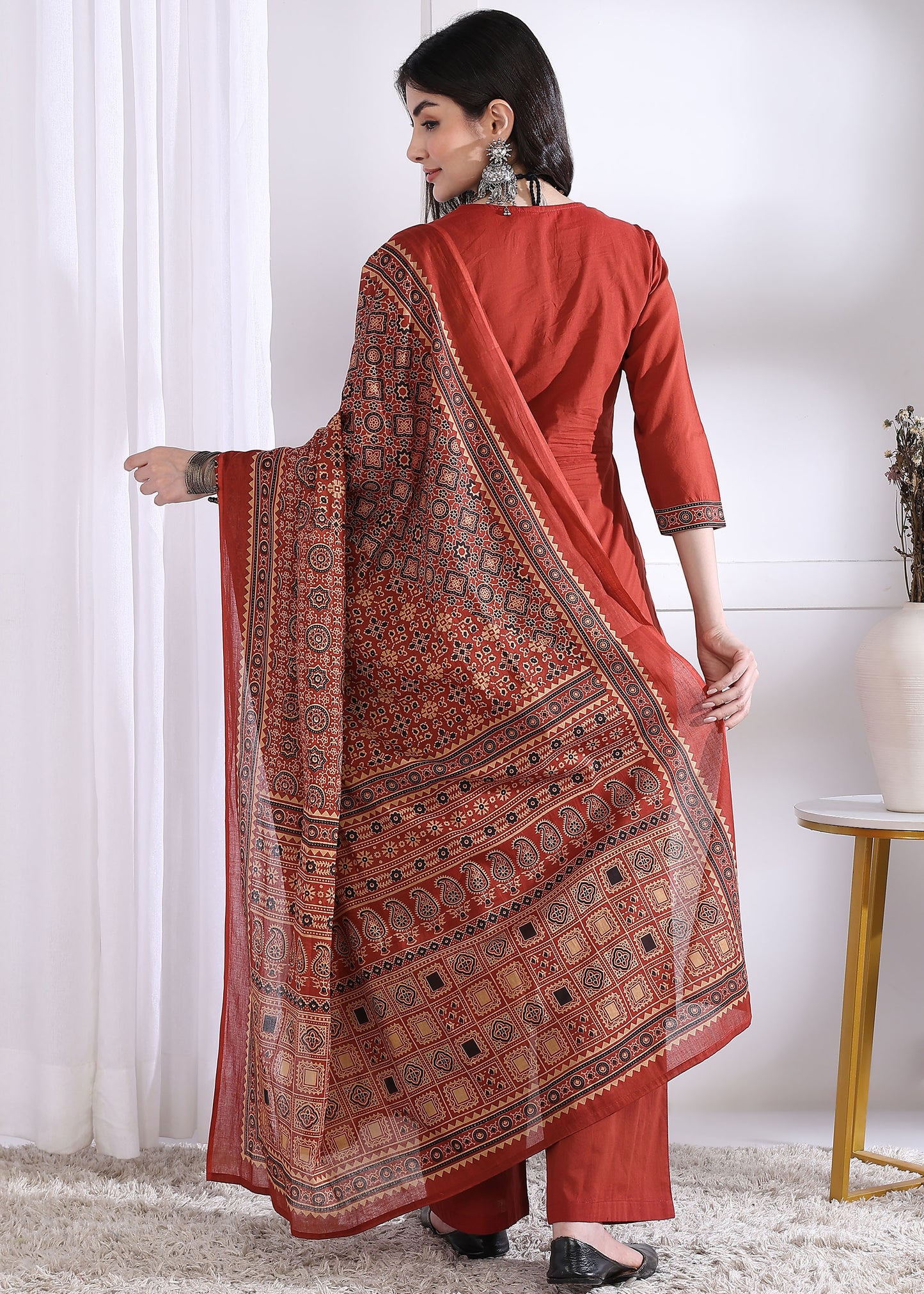 Red Solid (Printed Dupatta) Straight Cotton Stitched Kurta Set
