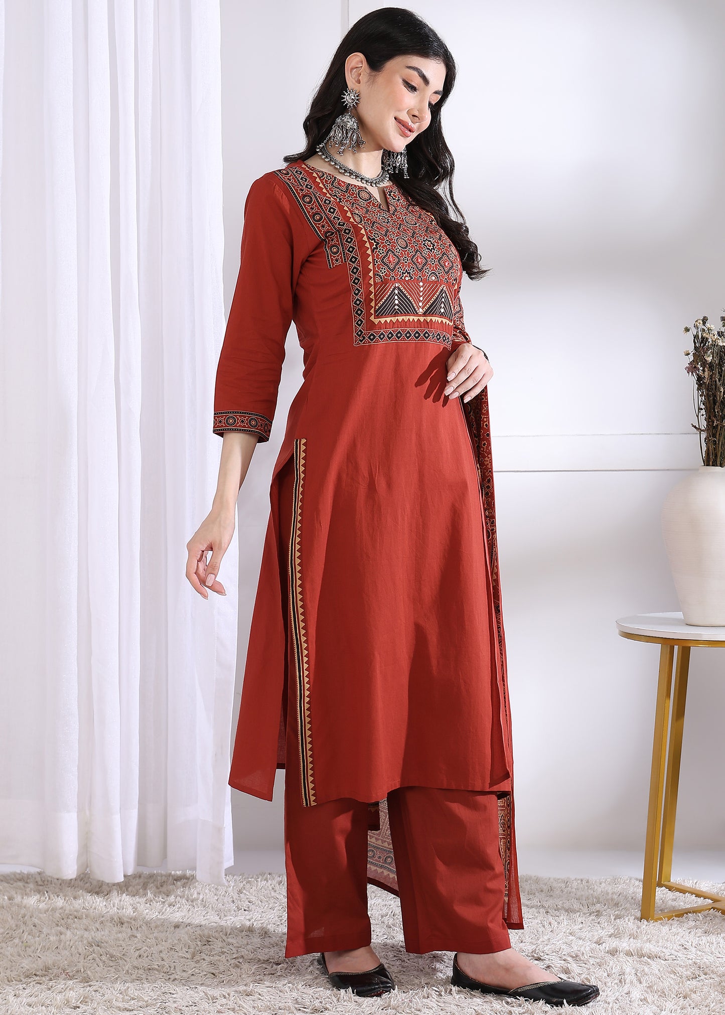 Red Solid (Printed Dupatta) Straight Cotton Stitched Kurta Set