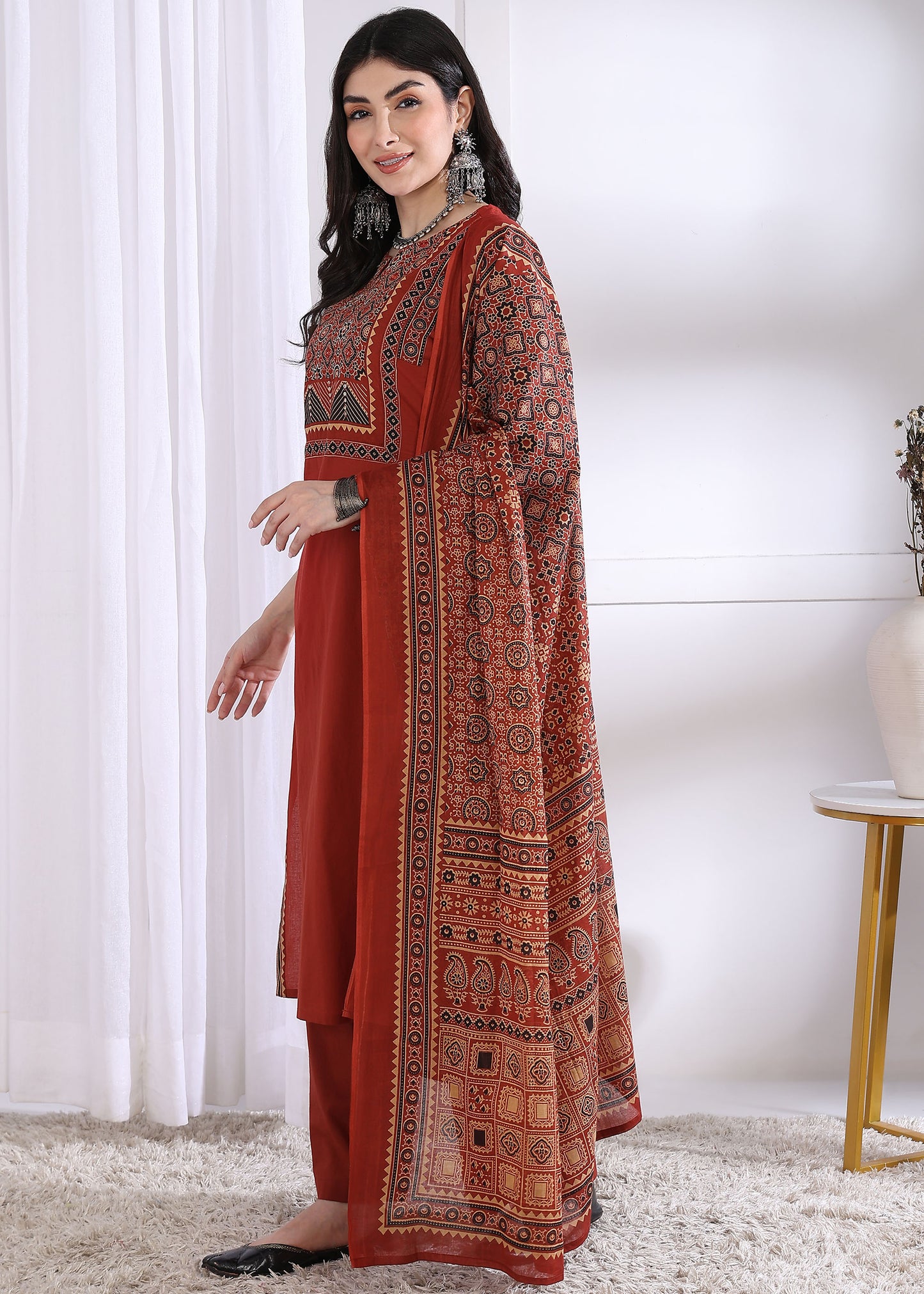 Red Solid (Printed Dupatta) Straight Cotton Stitched Kurta Set