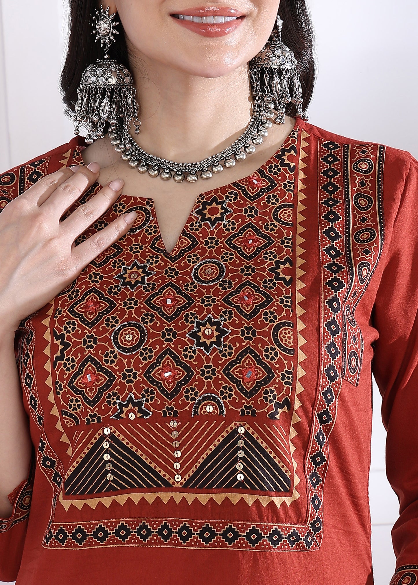 Red Solid (Printed Dupatta) Straight Cotton Stitched Kurta Set