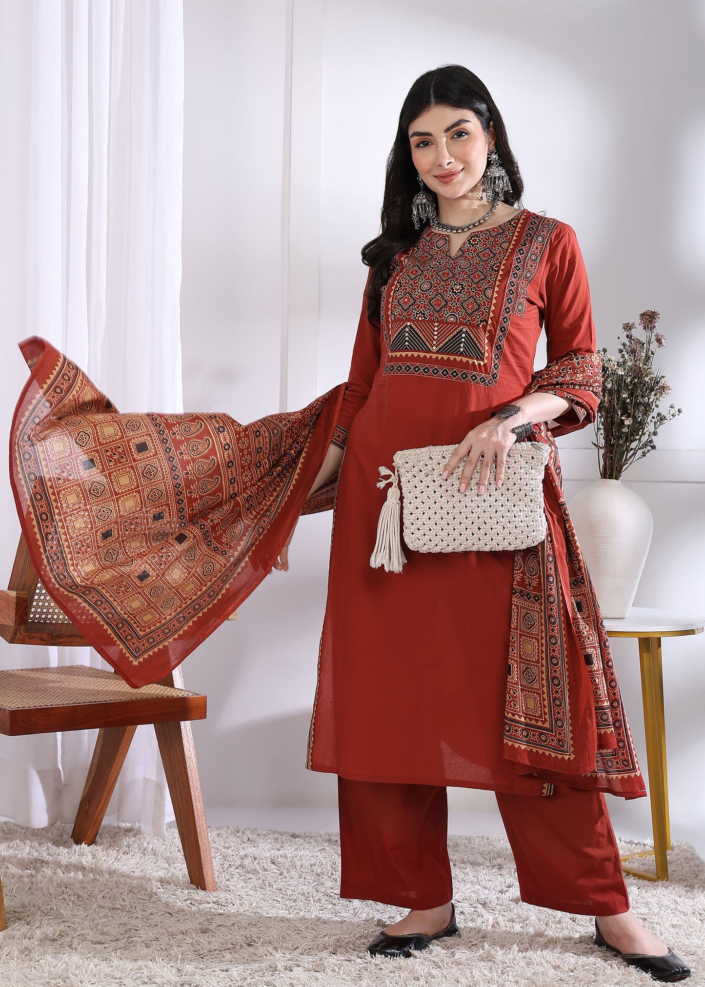 Red Solid (Printed Dupatta) Straight Cotton Stitched Kurta Set