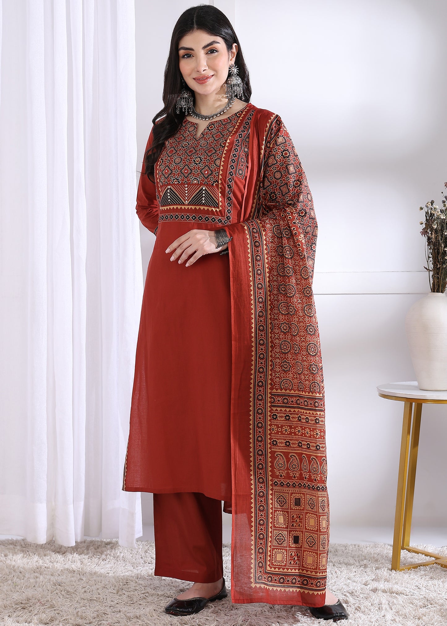 Red Solid (Printed Dupatta) Straight Cotton Stitched Kurta Set