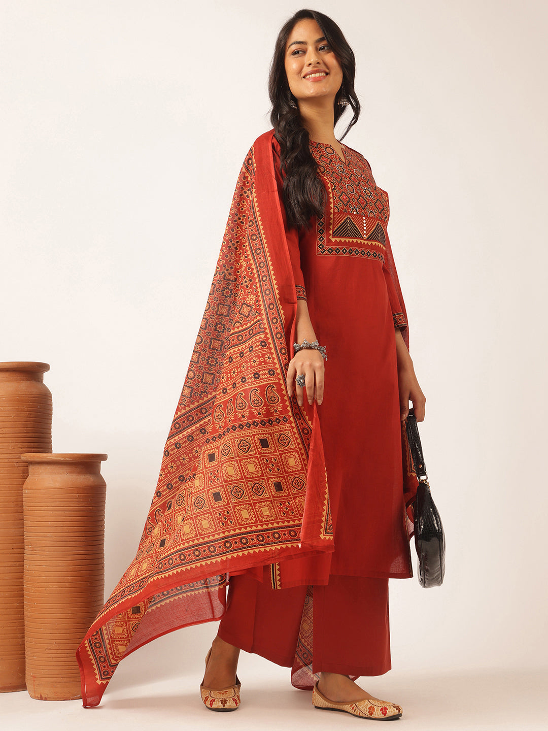 Red Cotton Solid Straight Kurta Set