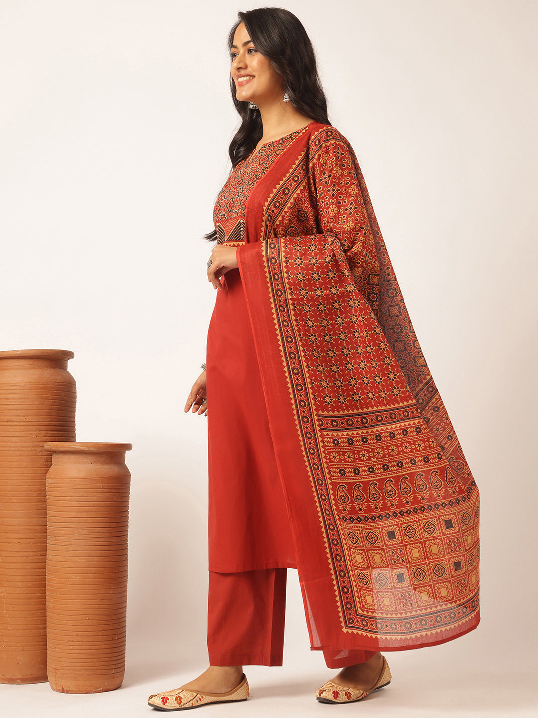 Red Cotton Solid Straight Kurta Set