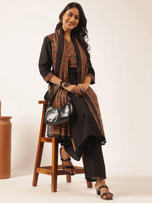 Black Cotton Solid Straight Kurta Set