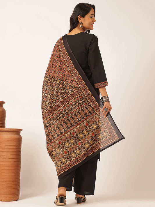 Black Cotton Solid Straight Kurta Set