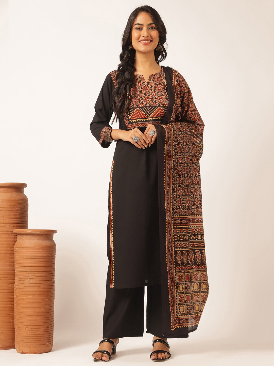 Black Cotton Solid Straight Kurta Set