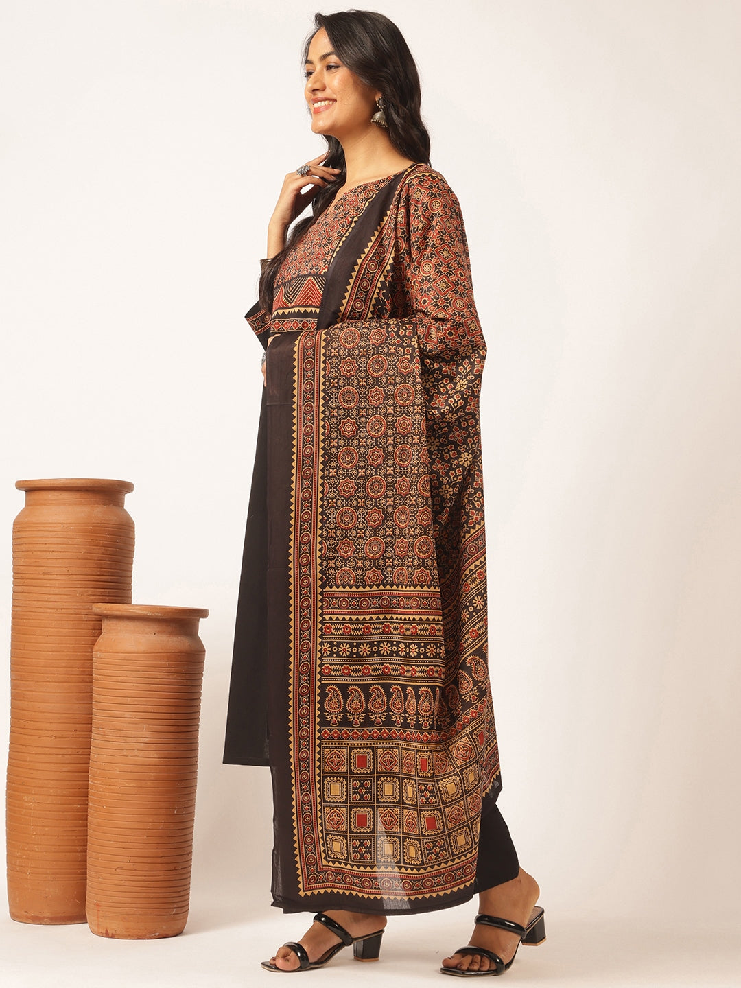 Black Cotton Solid Straight Kurta Set