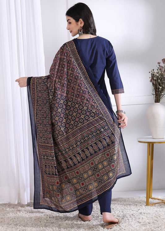 Blue Solid (Printed Dupatta) Straight Cotton Stitched Kurta Set