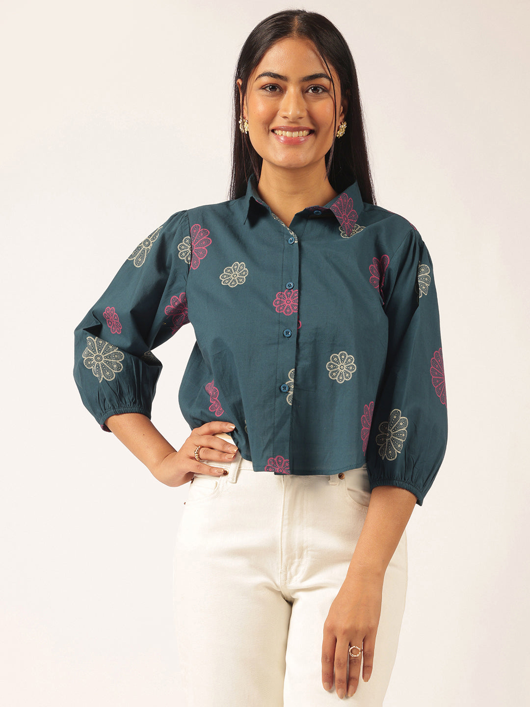 Royal Blue Floral Printed Up down Cotton Top