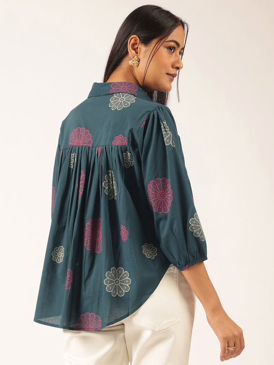 Royal Blue Floral Printed Up down Cotton Top