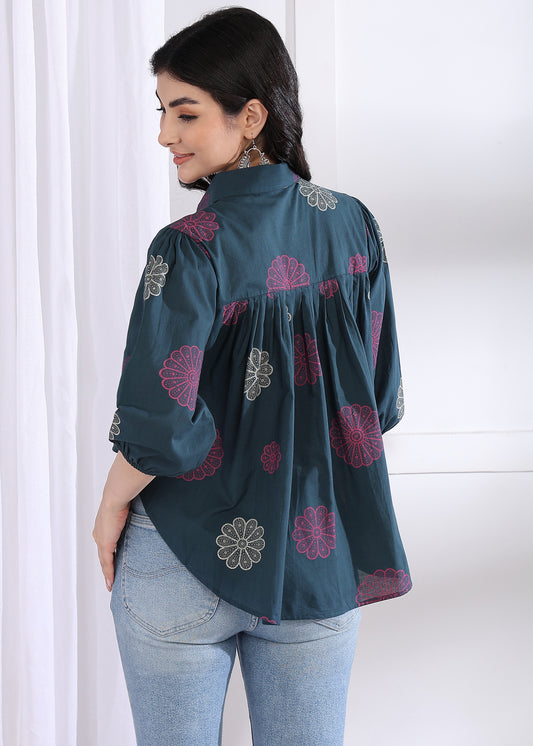 Royal Blue Floral Printed Up down Cotton Top