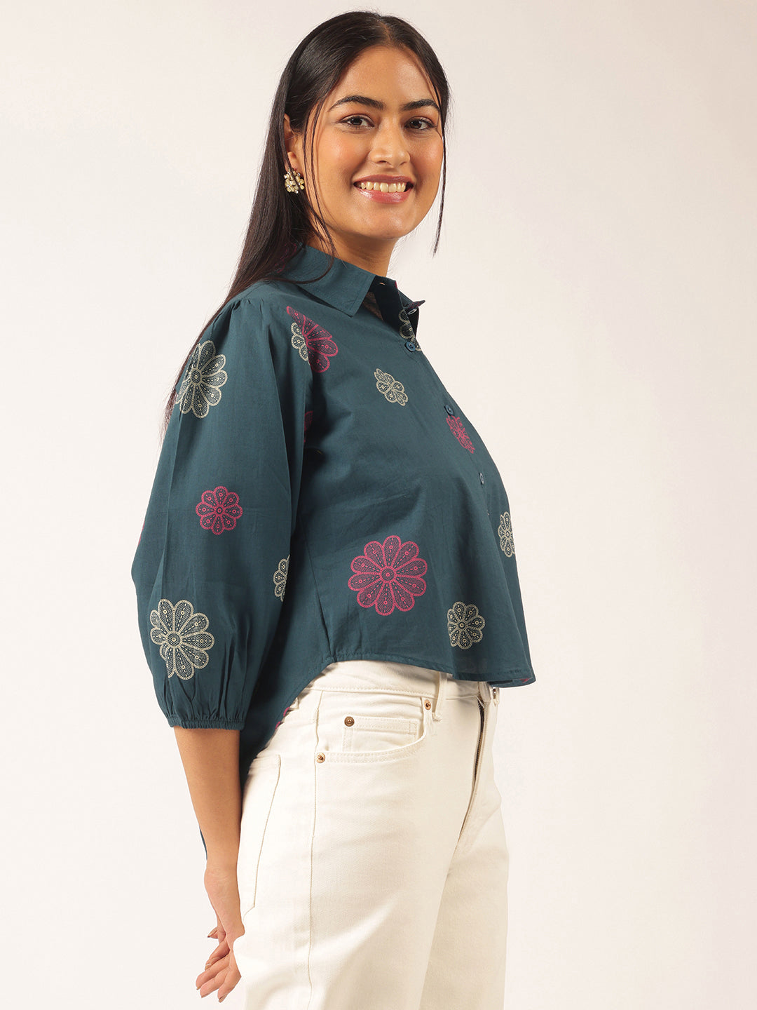 Royal Blue Floral Printed Up down Cotton Top