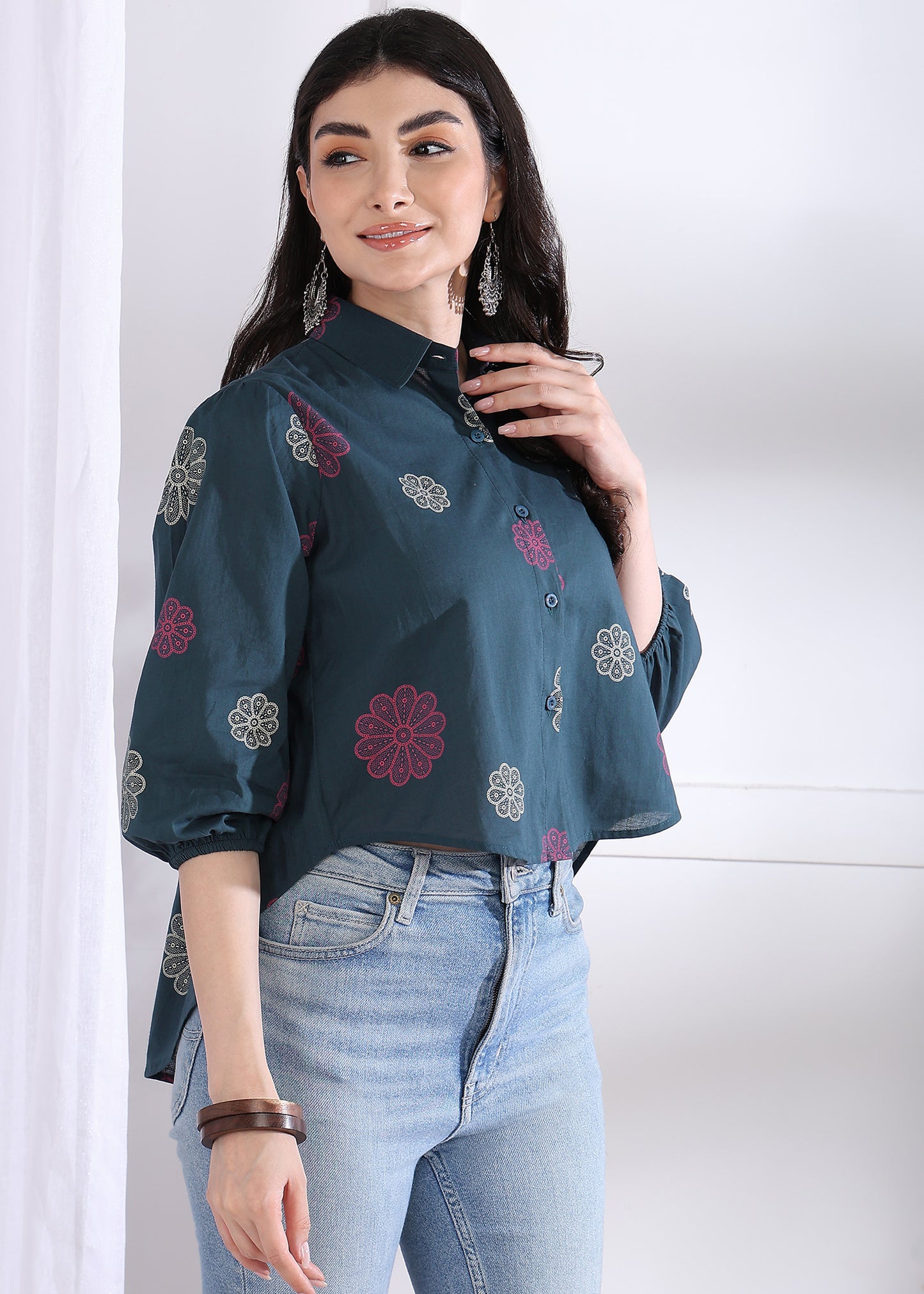 Royal Blue Floral Printed Up down Cotton Top