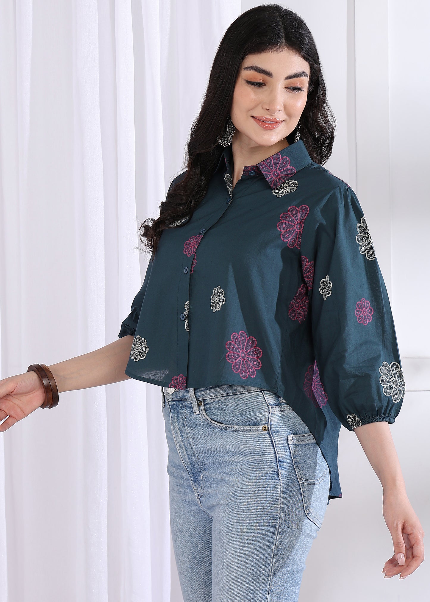 Royal Blue Floral Printed Up down Cotton Top