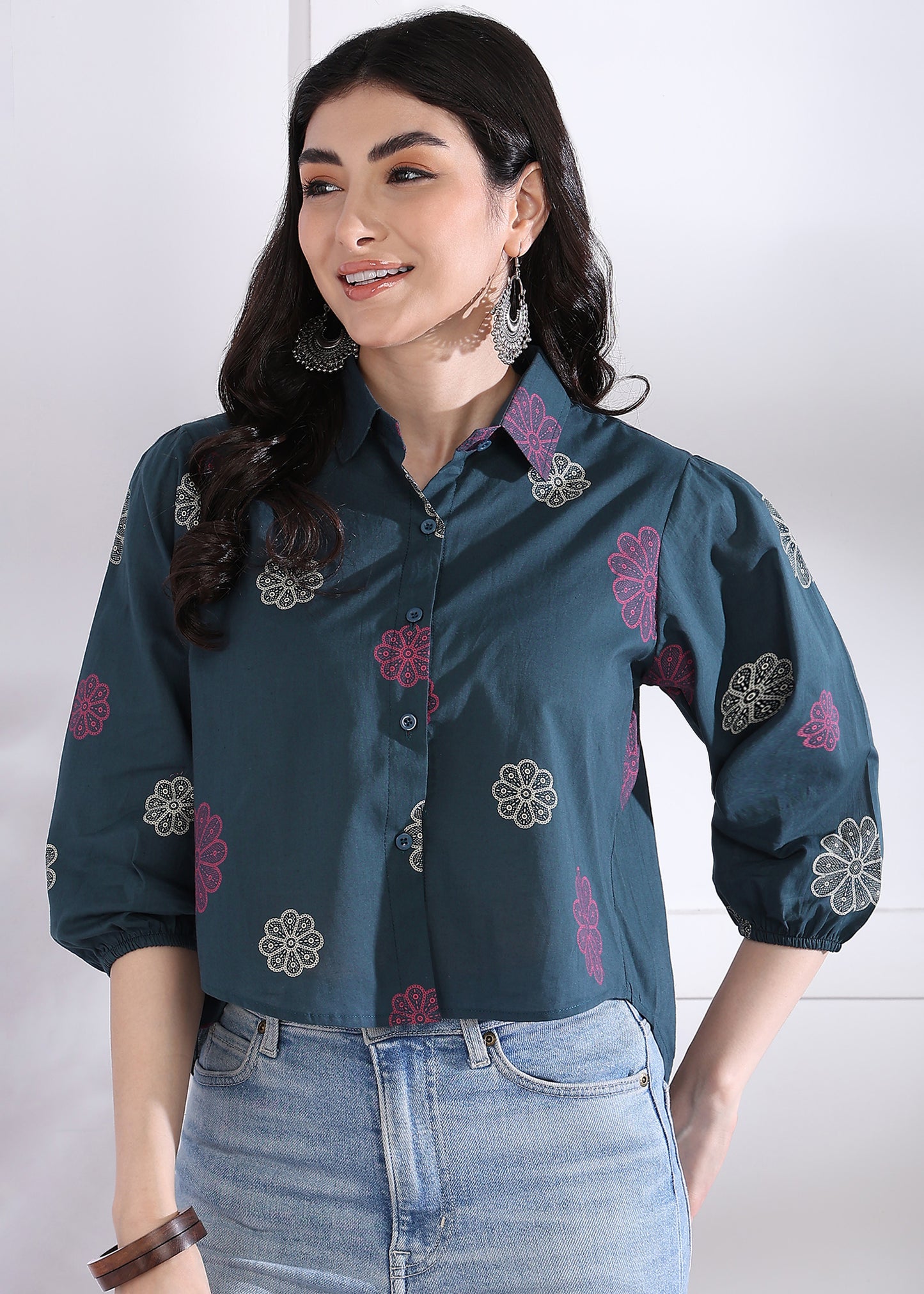 Royal Blue Floral Printed Up down Cotton Top