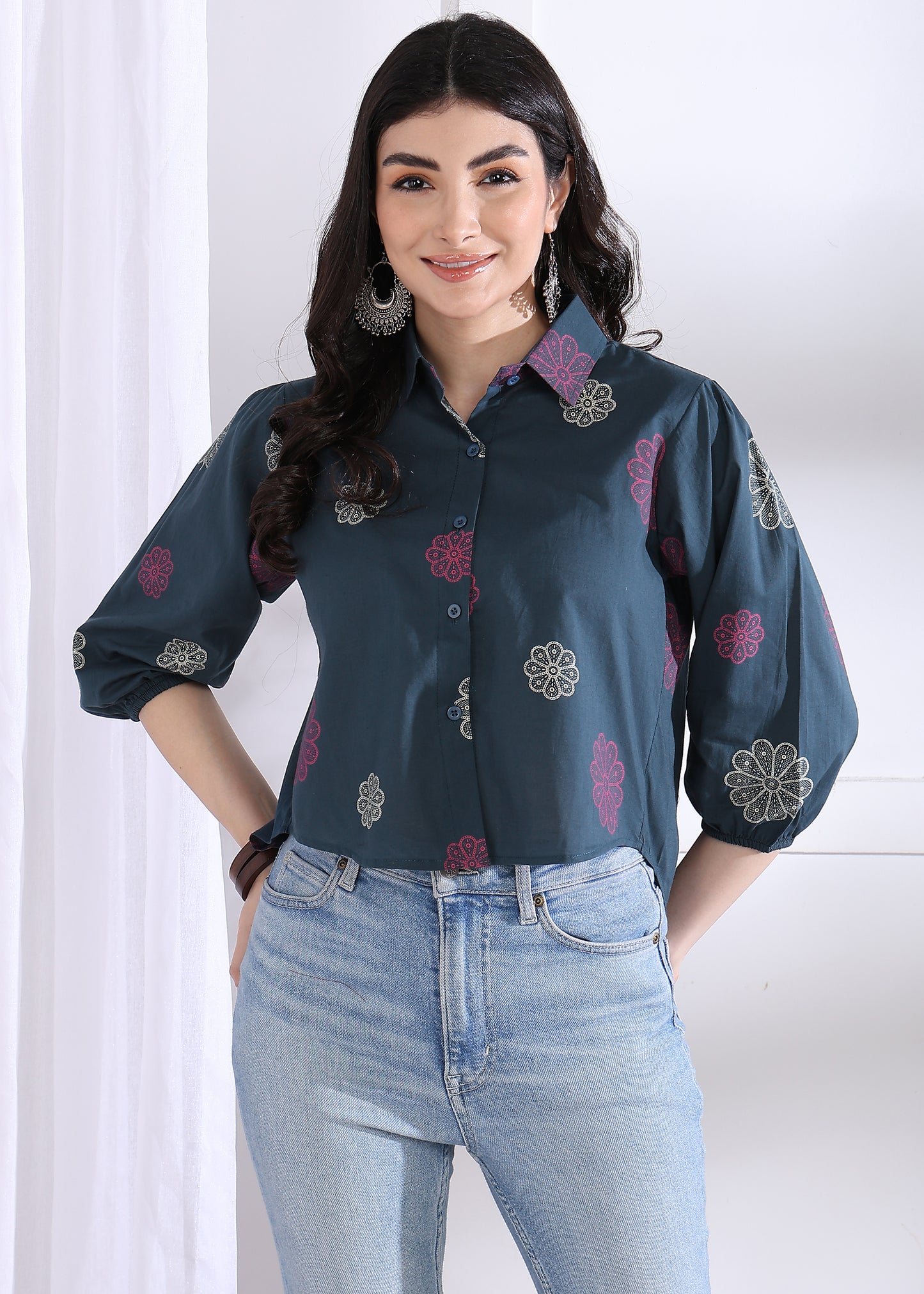 Royal Blue Floral Printed Up down Cotton Top