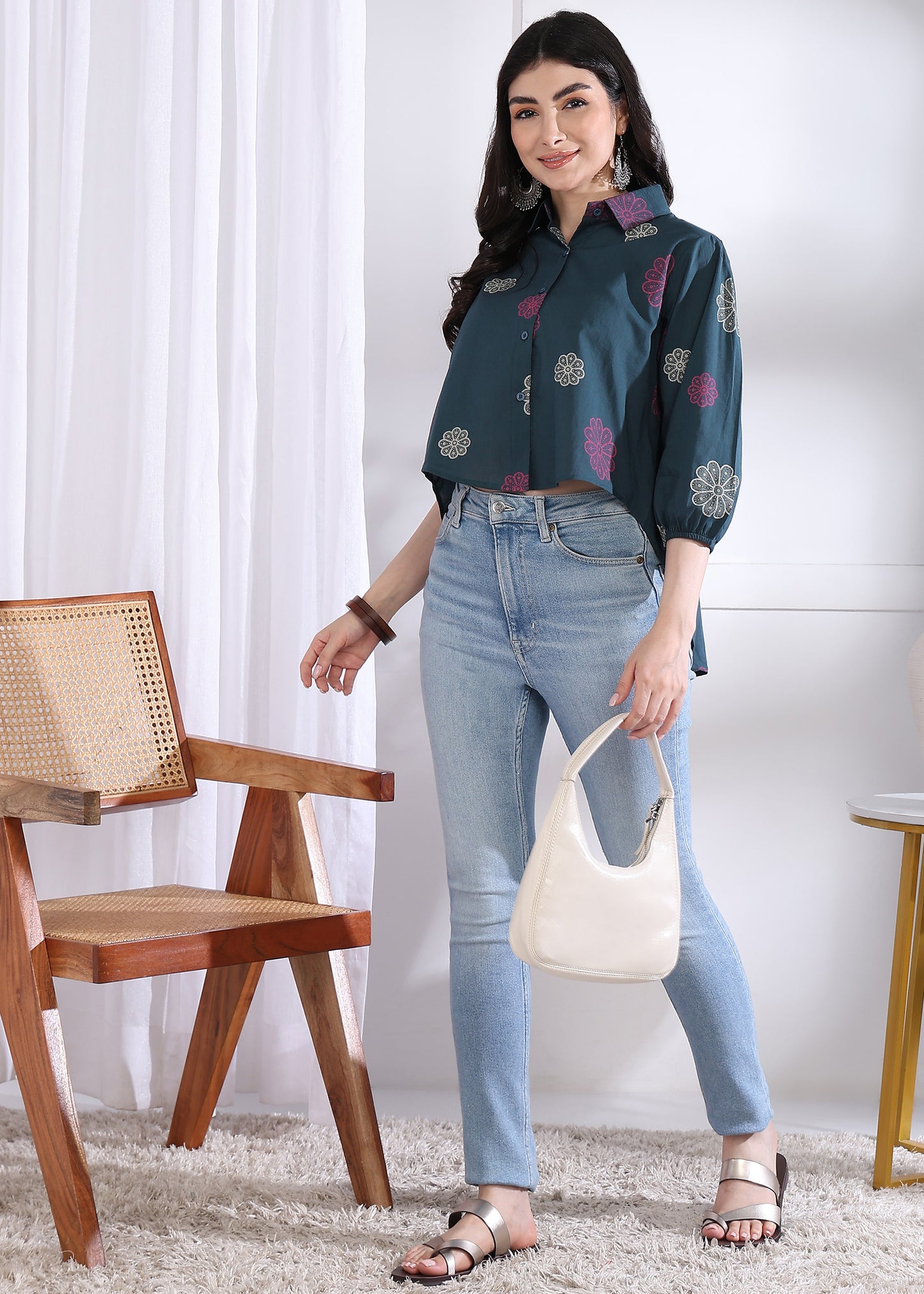 Royal Blue Floral Printed Up down Cotton Top