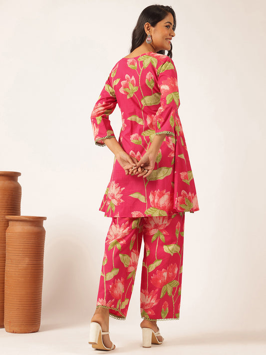 Pink Cotton Floral Printed Flared Co-Ord Set
