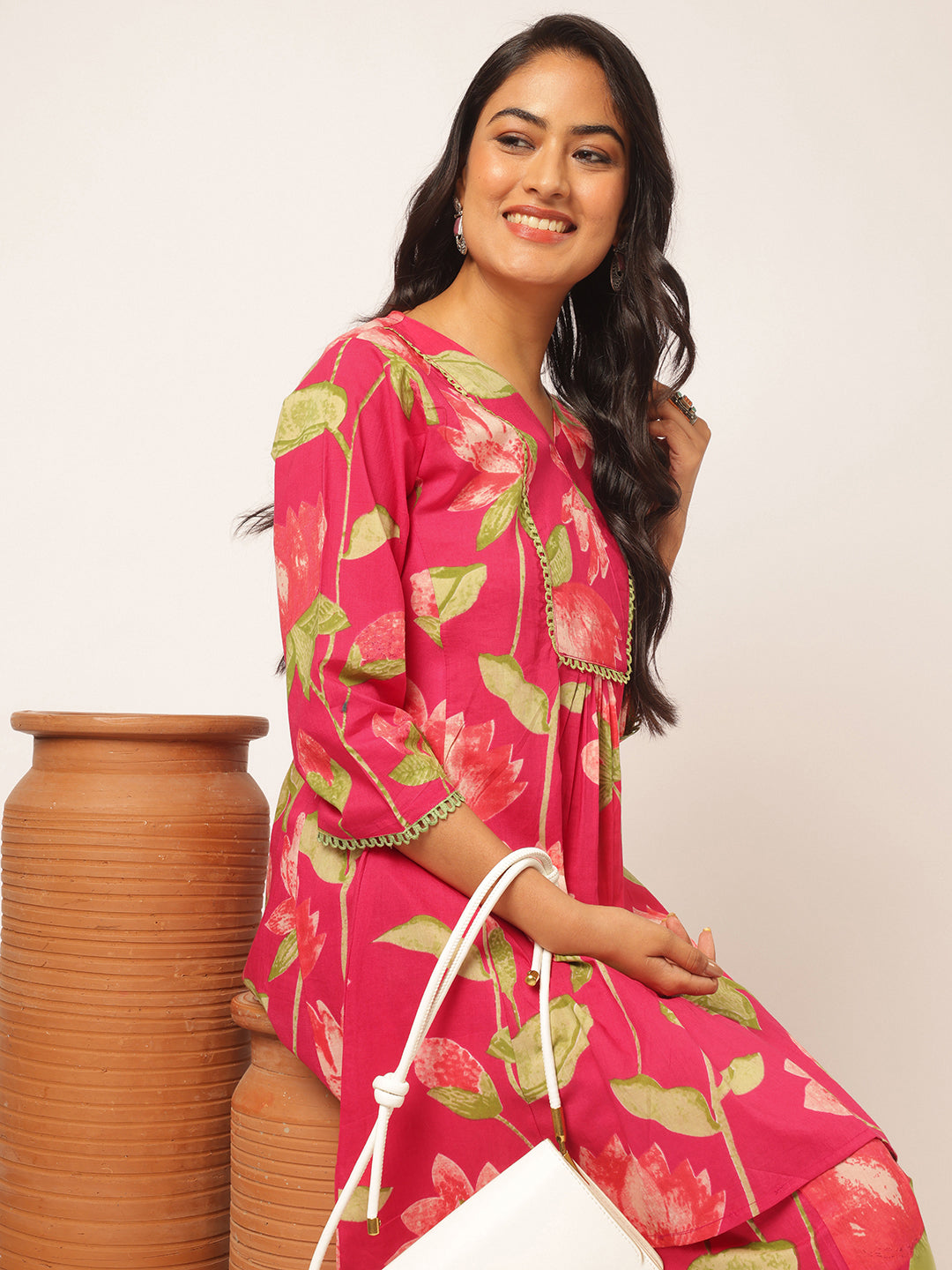 Pink Cotton Floral Printed Flared Co-Ord Set