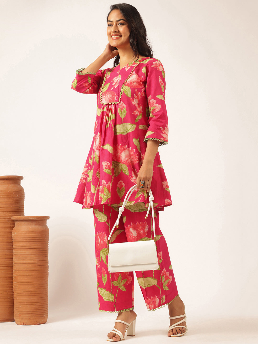Pink Cotton Floral Printed Flared Co-Ord Set