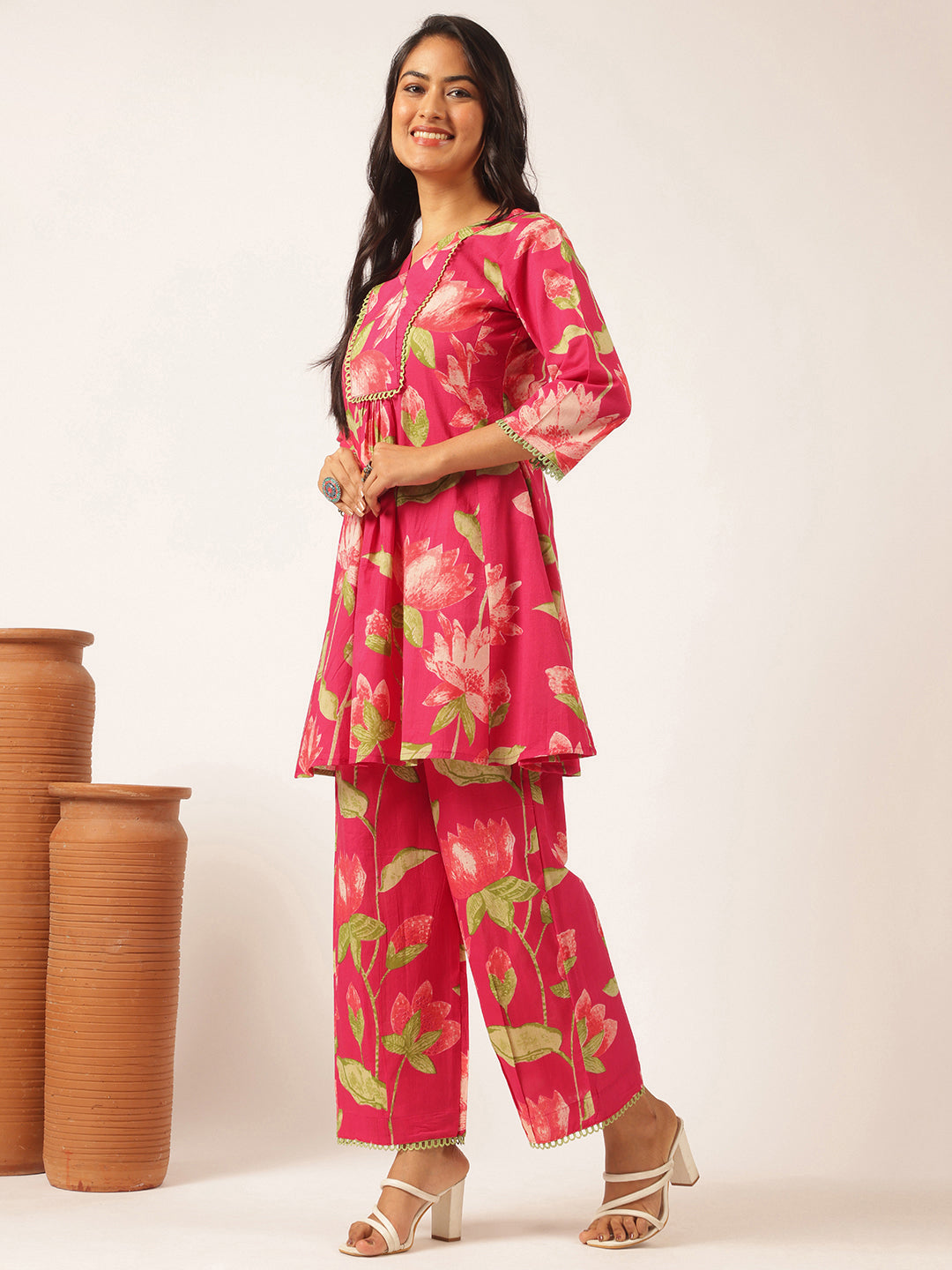 Pink Cotton Floral Printed Flared Co-Ord Set