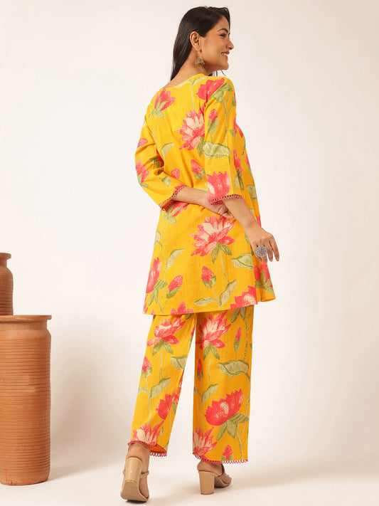 Yellow Cotton Floral Printed Flared Co-Ord Set