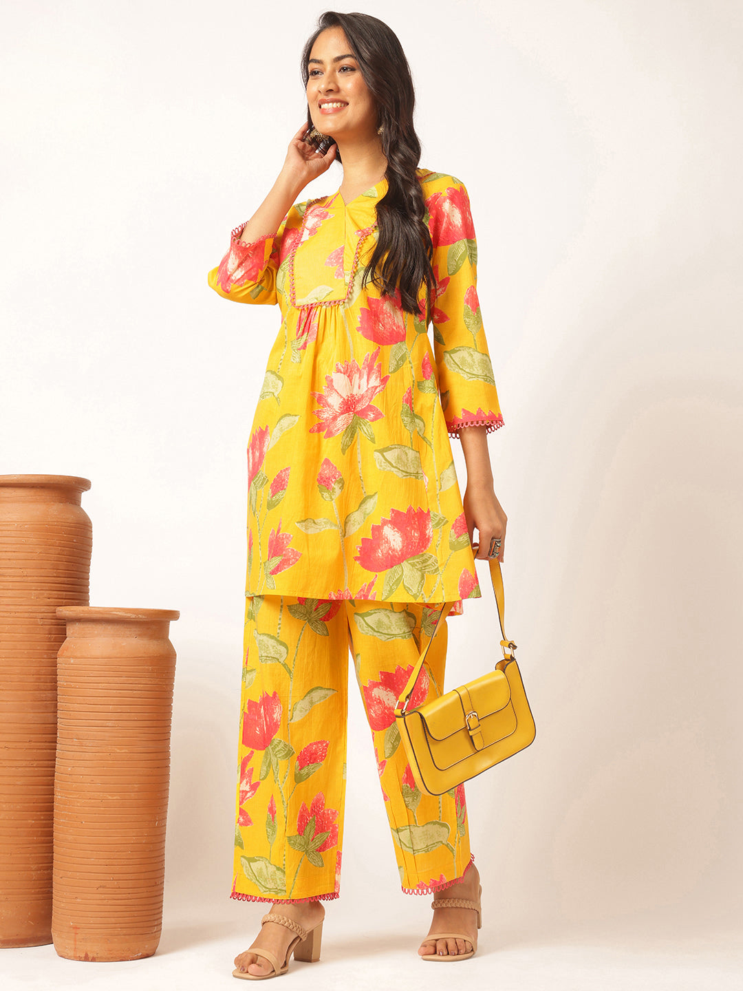 Yellow Cotton Floral Printed Flared Co-Ord Set