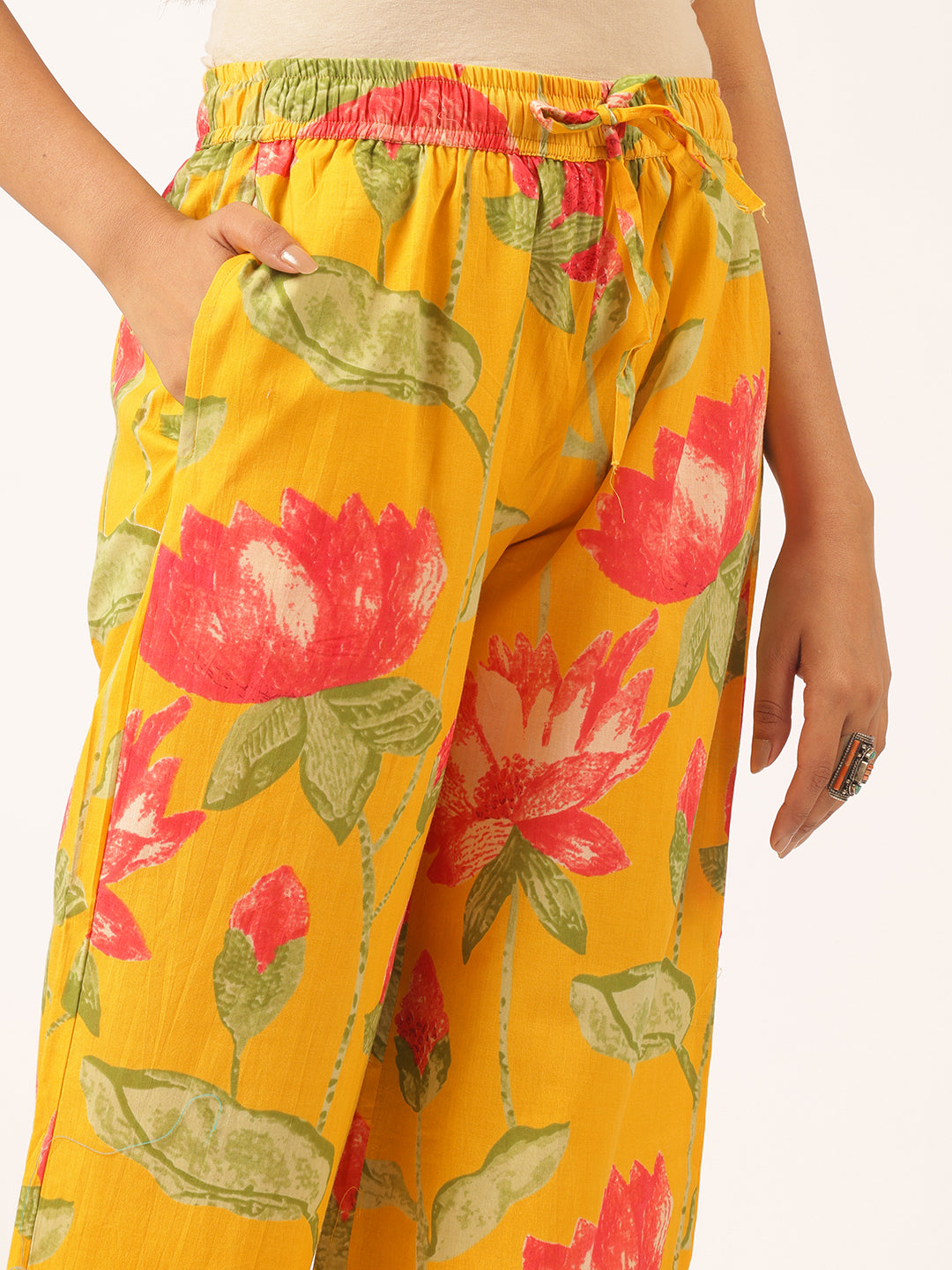 Yellow Cotton Floral Printed Flared Co-Ord Set