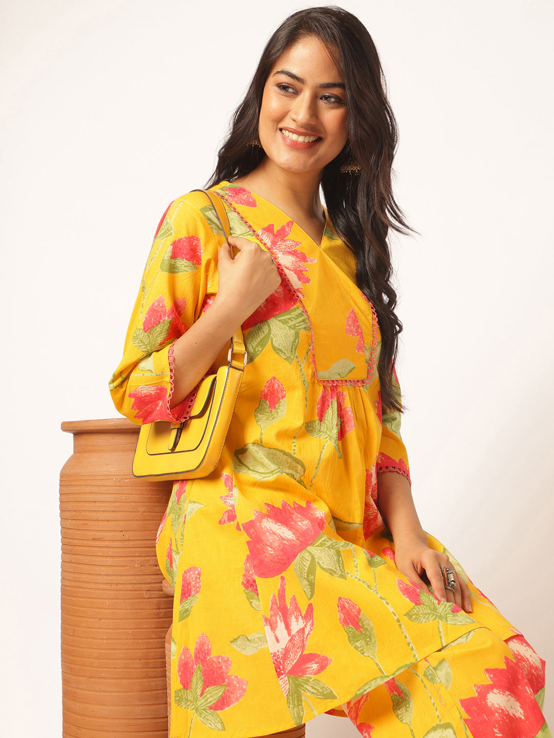 Yellow Cotton Floral Printed Flared Co-Ord Set