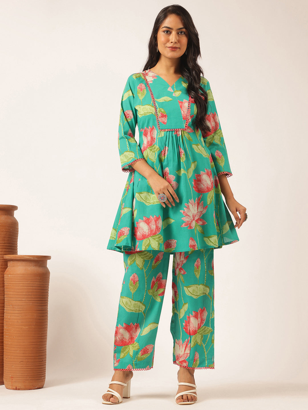 Turquoise Cotton Floral Printed Flared Co-Ord Set